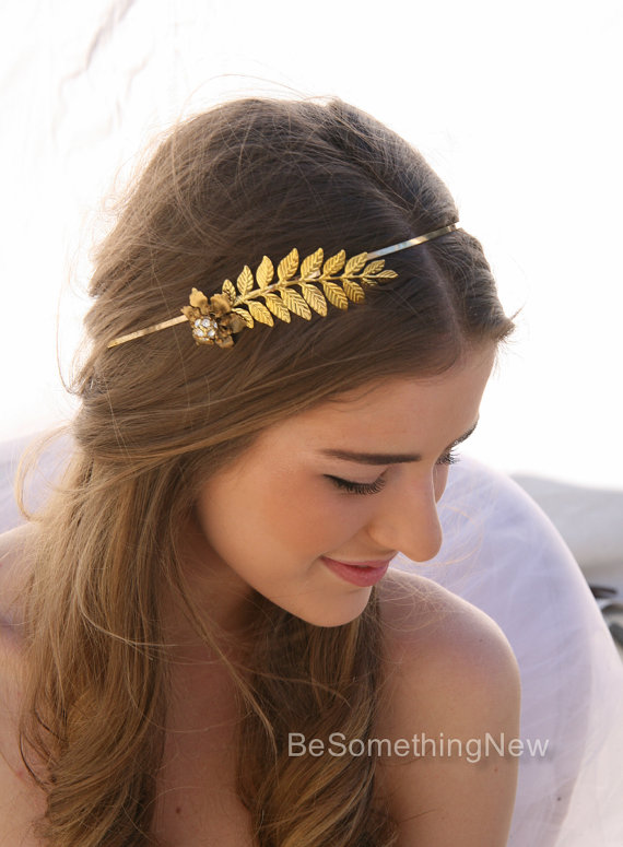Wedding - Grecian Gold Metal Leaf and Flower Headband with Rhinestones Gold Wedding Headpiece, Metal Headband for Adults, Leaf Hair Accessory