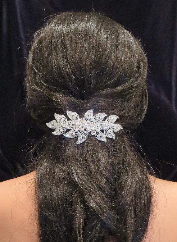 Mariage - Wedding Hair Clip, Wedding Hair Barrette, Rhinestone Hair clip, Bridal Hair comb, Wedding hair accessory, Filigree Leaf hair clip,