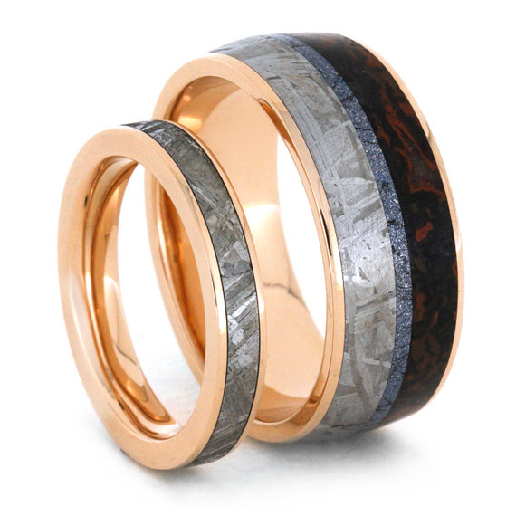 Hochzeit - 14k Rose Gold Wedding Bands inlaid with Meteorite, Dinosaur Bone, and Mokume Gane, His and Hers Wedding Rings
