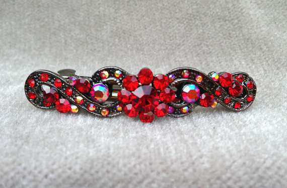 Mariage - Red Rhinestone Hair Clip / Holiday Wedding / Holiday Barrette Clip / Vintage Inspired Holiday Clip