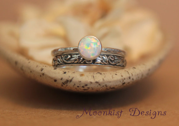 Wedding - Opal Engagement Ring and Pattern Band Wedding Set in Sterling Silver, Bezel-Set Solitaire with Floral Tendril and Vine Band, Choice of Stone