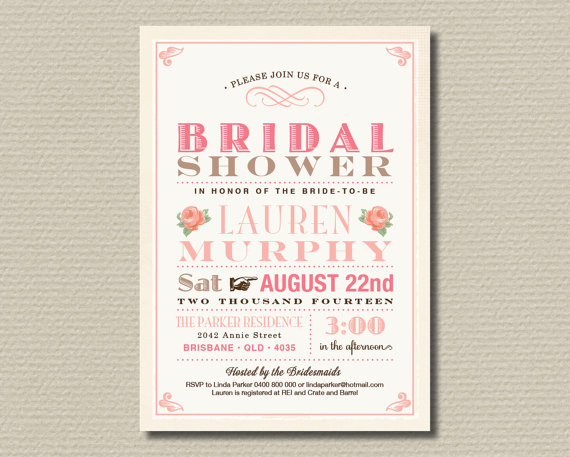 زفاف - Printable Bridal Shower Invitation - Sweet soft pink & brown vintage poster design (BR20)