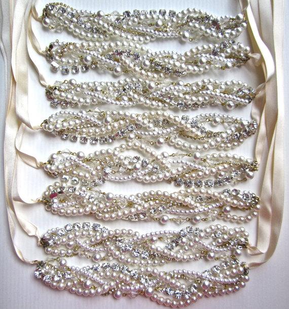 زفاف - Pearl and Rhinestone Bridesmaid Necklace & Earrings Set in Gold with Ribbon Color of Your Choice