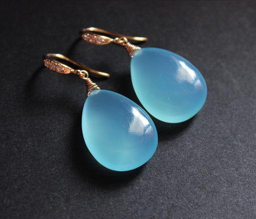 Wedding - Tear drop earrings - Golden earrings - Blue earrings - Bridal earrings jewelry - Chalcedony earrings - Jewelry gift ideas