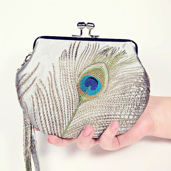 Mariage - Peacock Clutch Wristlet/ silver embroidered silk/ bridesmaid clutch/ wedding purse/peacock motif/ valentine's day
