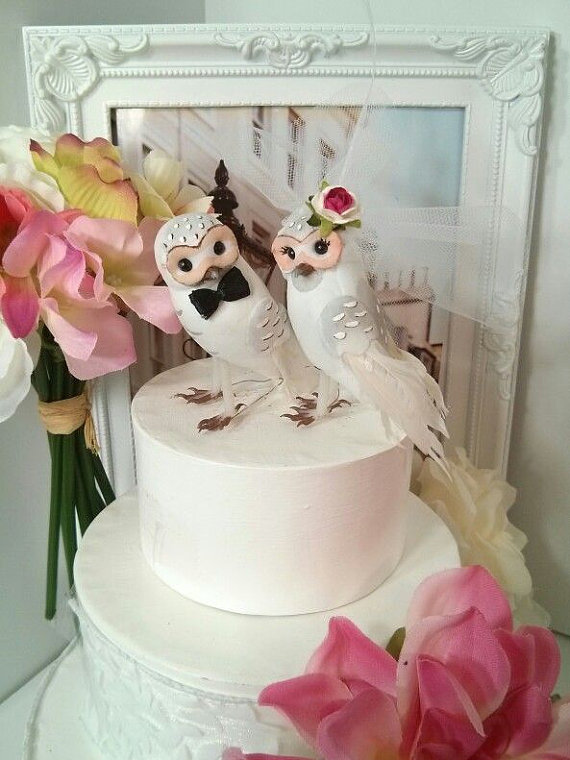 زفاف - SALE! choose your female head flowers           chic wonderful snow owls  bird wedding cake topper