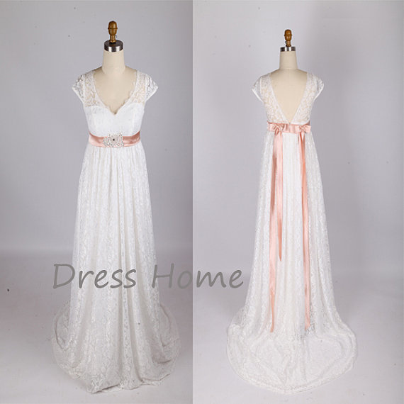 زفاف - Open Back Lace Wedding Dress - A line V neck Simple Cap Sleeves Lace Wedding Dresses , Wedding Gowns,Lace Backless Bridal Gowns with Sash