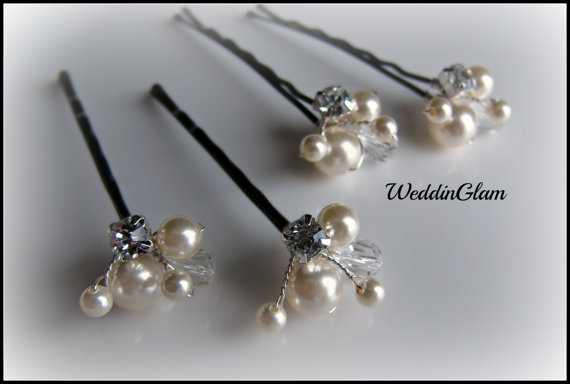 Hochzeit - White Ivory Pearl Clip, Bridal Hair Pins, Wedding Hair Accessories, Swarovski Pearl Wedding Hair Pin Set of 4 Hair Pin, Floral Vine Hair Pin