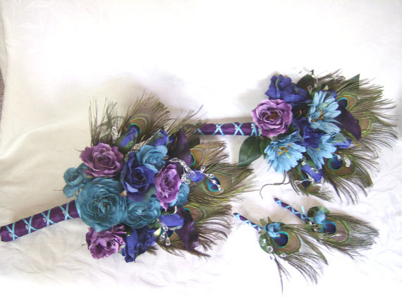 Hochzeit - Peacock feather wedding bouquet turquoise purple eggplant silk flowers feather bridal bouquet and boutonniere set