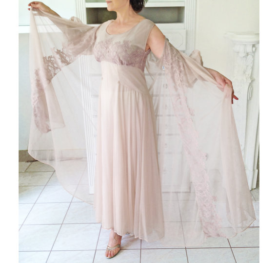 Mariage - Reserved for Chris-1950s-Early 60s Chiffon and Lace Peignoir Set, Soft Dusty Rose/Taupe Nightgown & Matching Robe, Lingerie, Negligee