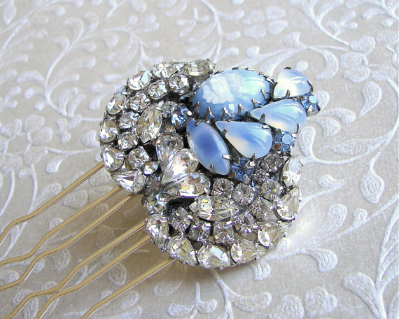 زفاف - Something Blue Jeweled Hairpiece Rhinestone Wedding Hair Comb Art Glass Jewelry Bridal Headpiece Upcycled Vintage Pageant Ballroom Formal