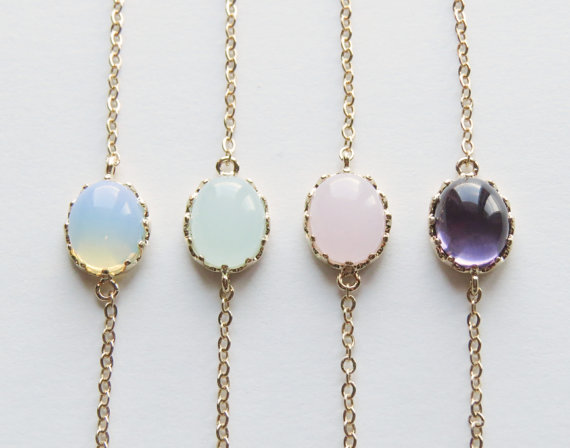 زفاف - Opal Bracelets. White opal, Light Jade, Amethyst bracelets-Oval Connector on a gold plated chain, Bridesmaids Bracelets