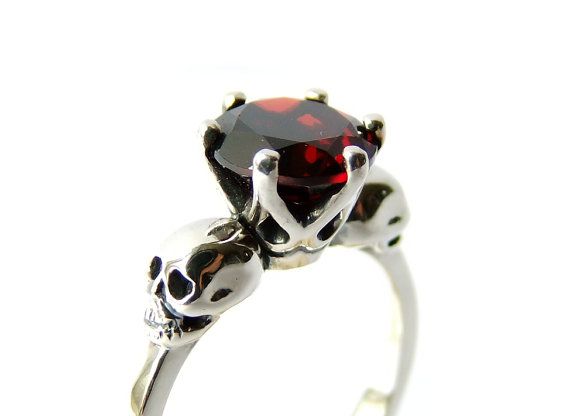 Hochzeit - Bloody Valentines Day Gift Skull Ring Sterling Silver Goth Engagement Blood Red Garnet Memento Mori Womens Ring Psychobilly All Sizes