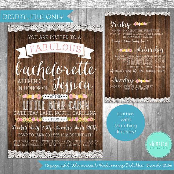Hochzeit - Bachelorette Party Weekend Invitation & Itinerary "Camping Weekend" Collection (Printable File Only) Rustic Girl's Weekend Cabin