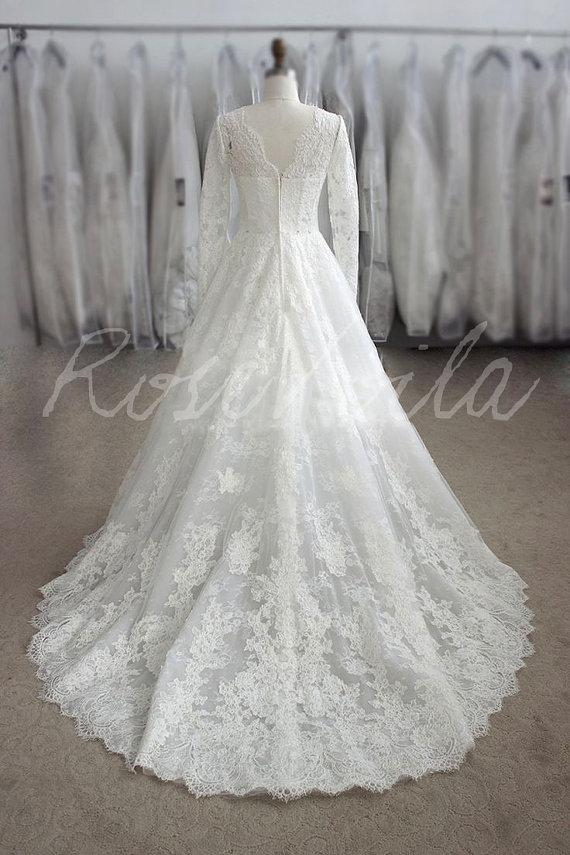 Mariage - Wedding Dress Romantic Wedding Gown Long Sleeve Dress: MONI Lace Ivory White Aline Princess Gown Custom Size