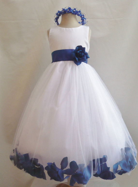 Wedding - Flower Girl Dress - White Rose Petal Dress with Blue Royal - Wedding, Easter, Junior Bridesmaid, Formal Girl Dress, Recital (FGPT)