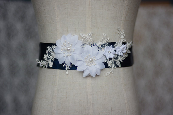 Mariage - navy blue bridal sash, wedding sash, bridal belt, wedding belt, white flower sash,,off-white lace sash,beaded sash.rhinestone belt