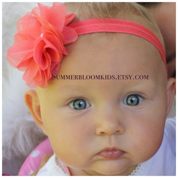 Mariage - Coral headband baby headband flower girl headband coral Girl headband, Infant headband Elastic lace headband Satin headband coral wedding