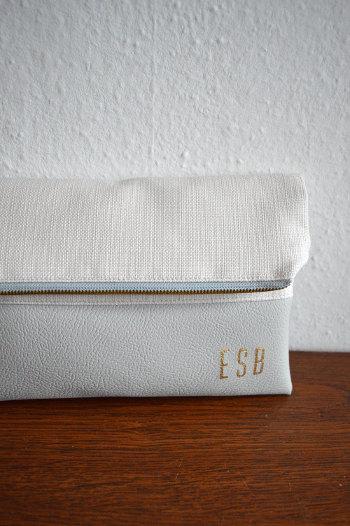 Wedding - Light gray monogram clutch / Personalized clutch bag / Foldover clutch purse / Bridesmaids gift / Wedding accessory