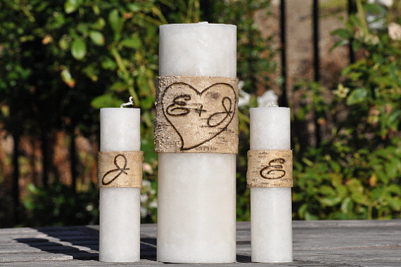 Mariage - Personalized Birch Bark Unity Candle Set Rustic / Shabby Chic Wedding