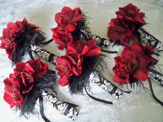 Wedding - Set Floral Red Silk Amaryllis and Black and White Damask Bouquet Set