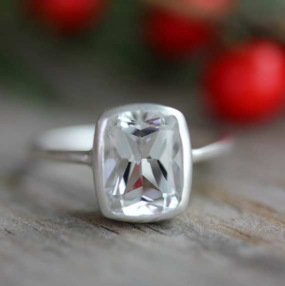 Hochzeit - White Topaz and Matte Sterling Silver Cushion Solitaire Engagement Ring, Made To Order by Onegarnetgirl