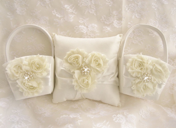 Hochzeit - Two Flower Girl Baskets and Pillow -  Ivory Blossom  Ring Bearer Pillow, Flower Girl Basket Vintage CUSTOM COLORS