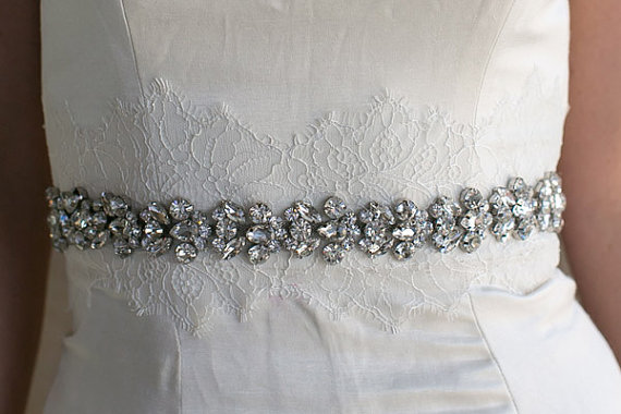 Hochzeit - Selma Rhinestone Wedding Sash - Thin Bridal Belt - 1" wide platinum diamonds metal backing - Style SA609