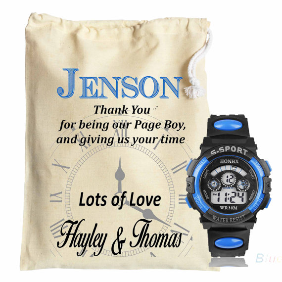 Hochzeit - Page Boy, Ring Bearer, Usher wedding gift childrens Digital watch and personalised cotton drawstring gift bag