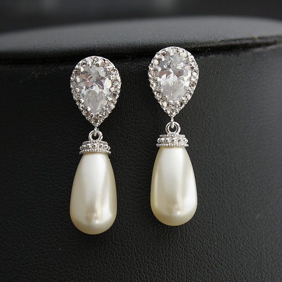 Wedding - Pearl Jewelry Bridal Earrings Cubic Zirconia Bridesmaid Earrings Posts Silver Cream Ivory OR White Swarovski Pearl Drops Wedding Jewelry