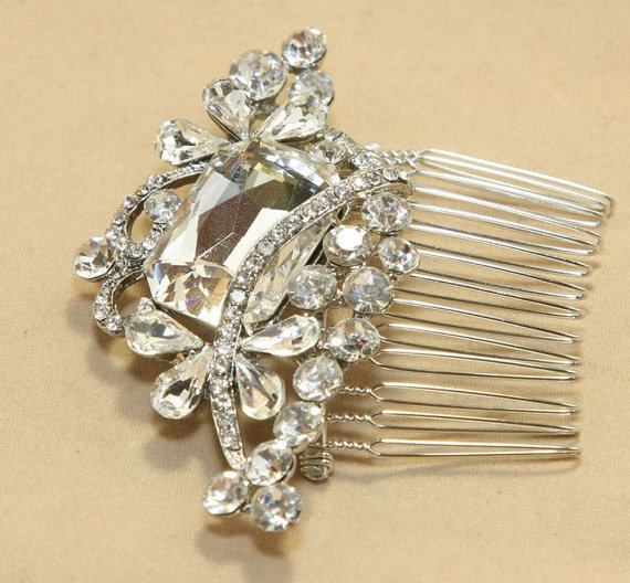 زفاف - Vintage Style Large Rhinestone Crystal Wedding Hair Comb, Bridal Hair Comb / Sash, Wedding Hair Accessory