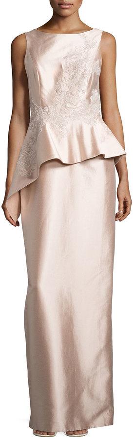 Mariage - Rickie Freeman for Teri Jon Embroidered Asymmetric-Peplum Shantung Gown