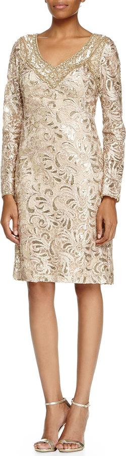 Hochzeit - Sue Wong Long-Sleeve Sequined Lace Cocktail Dress