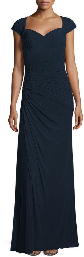Mariage - La Femme Cap-Sleeve Ruched Chiffon Gown, Navy