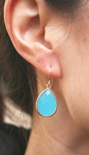 Mariage - Blue Chalcedony Earrings in Gold. Blue Chalcedony. Bridesmaids Earrings.Bridesmaids Jewelry.Everyday Earrings.Bridal Jewelry.Wedding Jewelry