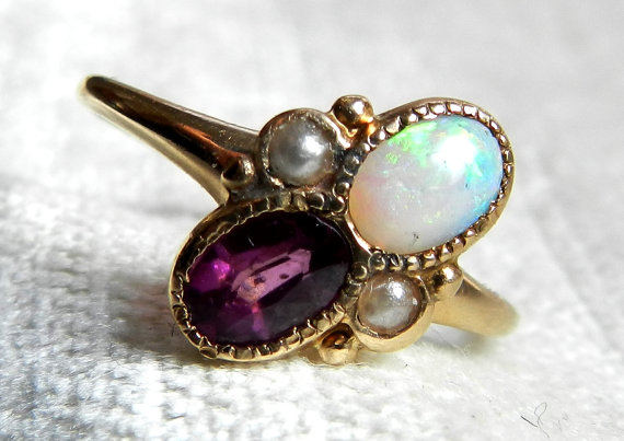 Wedding - Opal Engagement Ring, Australian Blue Opal Seed Pearl Amethyst Ring, Antique Opal Ring 14K, October Birthday