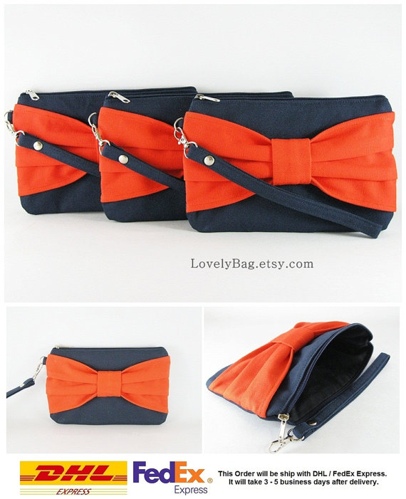 Wedding - SUPER SALE - Set of 7 Navy Blue with Orange Bow Clutches - Bridal Clutches, Bridesmaid Wristlet, Wedding Gift, Zipper Pouch - Made To Order