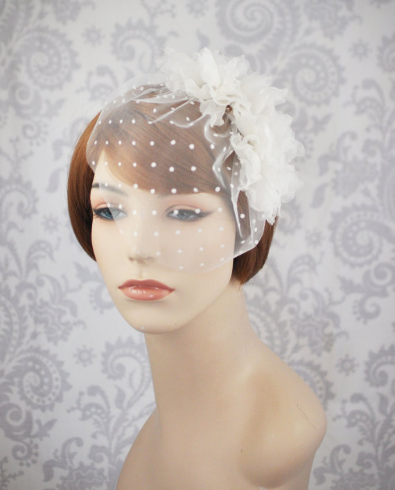 Mariage - Polka Dot Birdcage Veil with Silk Organza Flowers, Bird Cage Veil With Detachable Flowers,1950's Bridal Veil, Blusher Veil with Flowers