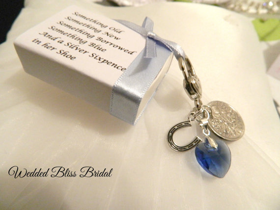 Hochzeit - Wedding Bouquet charm - "something Blue" -Royal  Blue crystal heart - Horseshoe charm - Six-pence