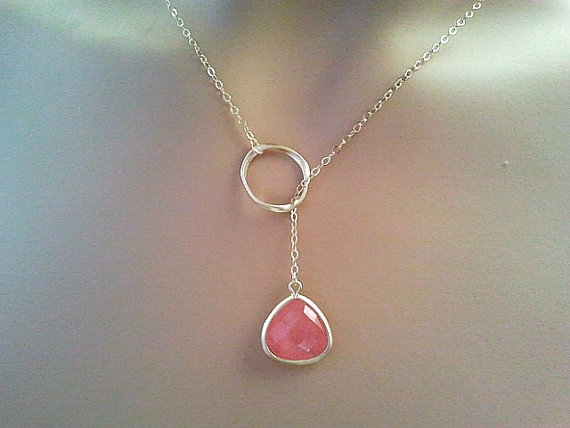 زفاف - Coral Pink Lariat Necklace, Personalized Pendant necklace,Wedding Necklace, Bridal Jewelry bridesmaid gifts, Statement, Christmas Gift