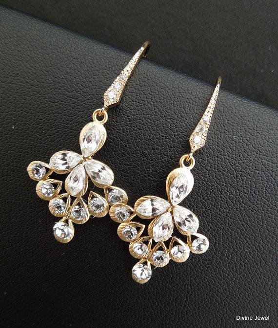 Mariage - Gold Crystal Bridal Earrings,Wedding jewelry Swarovski Crystal Wedding earrings Bridal jewelry,Rhinestone earrings,Statement Earrings,KAITY