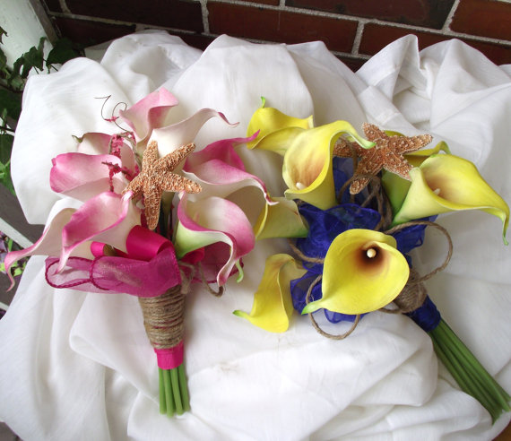 Wedding - affordable hot pink, fuschia or yellow, cobalt, royal blue wedding bouquet, starfish bouquet, florist made, bridesmaid bouquet,