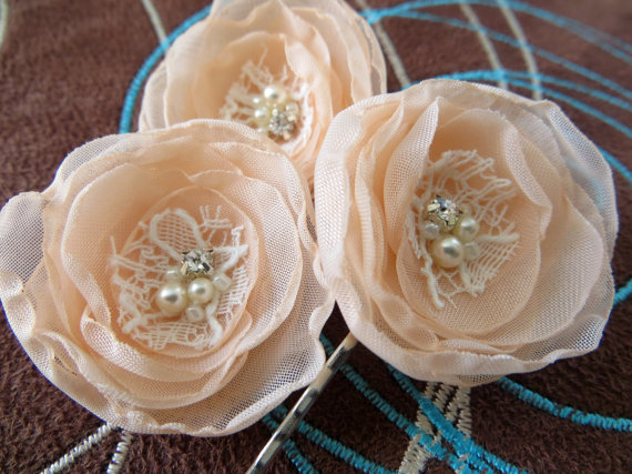 Wedding - Peach wedding bridal flower hair accessory (set of 3), bridal hairpiece, bridal hair flower, wedding hair accessories, bridal head piece