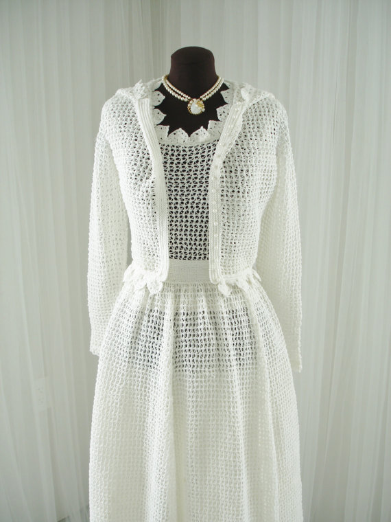 Mariage - Handmade Vintage Crocheted Wedding Dress/ Summer Soiree Picnic Dress/ Beach Wedding