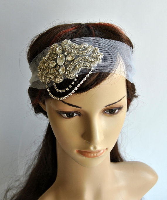 زفاف - Crystal Rhinestone Bridal 1920s Veil Headband Headpiece,The Great Gatsby Wedding, Art Deco Bridal Rhinestone Tulle Headband