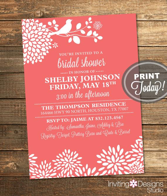 Hochzeit - Coral Bridal Shower Invitation, Bird, Floral, Modern, Printable (Custom Order, INSTANT DOWNLOAD)