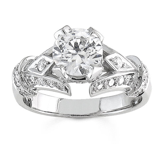 Hochzeit - Ladies 14kt white gold vintage engagement ring 0.50 ctw G-VS2 quality diamond with 1.50ct round natural white sapphire center