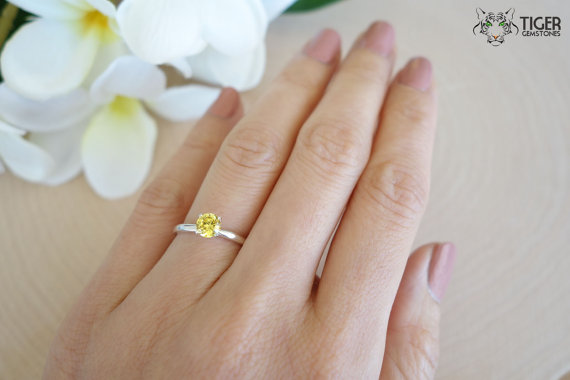 زفاف - 1/2 Carat, Solitaire Engagement Ring, Man Made Fancy Canary Yellow Diamond Simulant, Wedding, Bridal, Birthstone Sterling Silver or 14k Gold