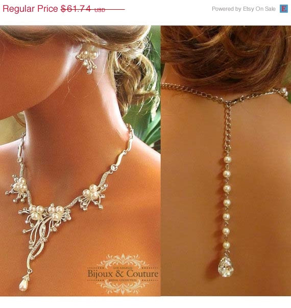 Hochzeit - Bridal jewelry , back drop necklace,  bib necklace,  vintage necklace,  rhinestone pearl necklace, bridal statement, bridesmaid jewelry