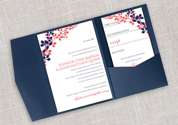 زفاف - DiY Pocket Wedding Invitation Template Set - Instant DOWNLOAD - EDITABLE TEXT - Exquisite Vines (Navy & Dk. Coral)  - Microsoft® Word Format